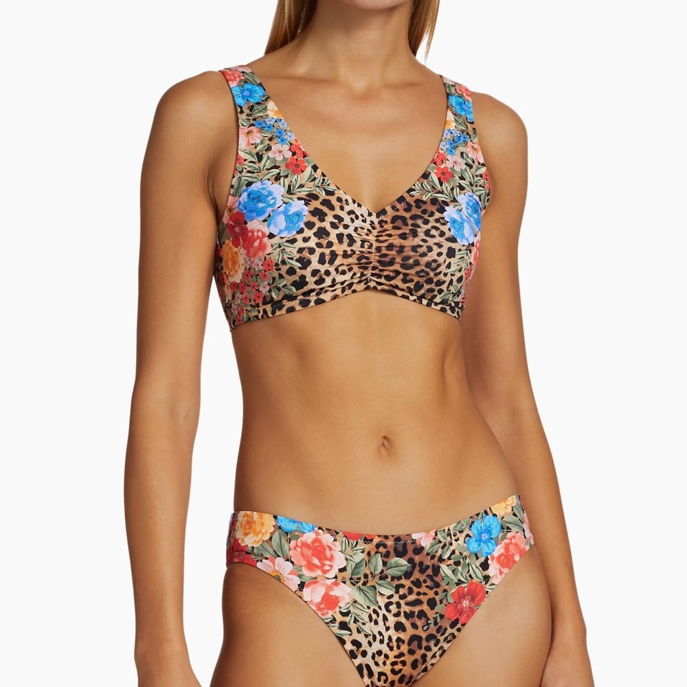 Johnny Was Brown and Blue Bikini bottom Cheetah print and floral Bold Patterns